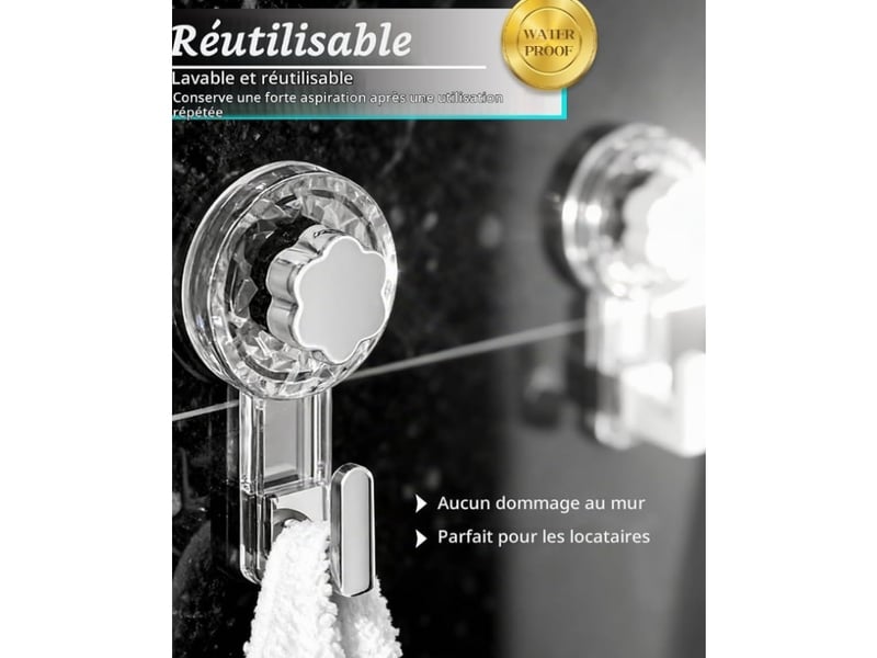  Crochet ventouse salle de bain (clear+silver, ) |  crochet mural sxtra forte suction hooks pour douche cuisine torchon toilette  - Conforama E