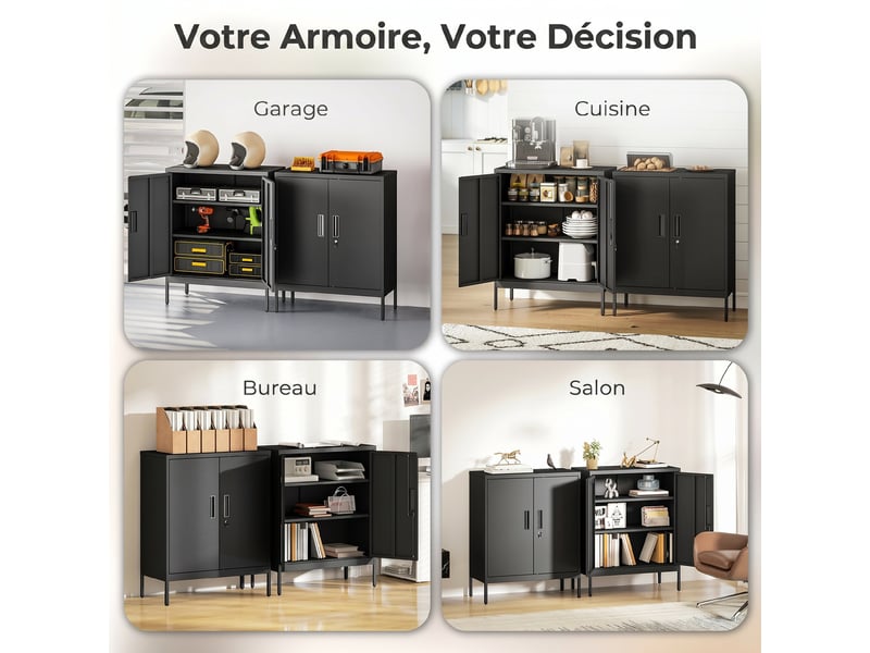  Armoire de bureau métallique, 80 x 40 x 100 cm, meuble de rangement, serrure, noir, 2 portes et 2 étagères réglables  - Conforama R