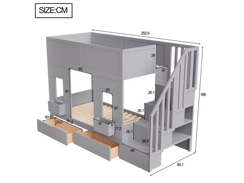  Lit mezzanine - lit enfant 90x200 cm avec escalier rangement et 2 tiroirs, bois gris, sans matelas  - Conforama C