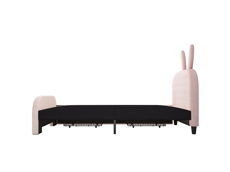  Lit enfant 200×90 cm avec tête de lit lapin rembourrée et 2 tiroirs réversibles, en tissu peluche et mdf rose  - Conforama E