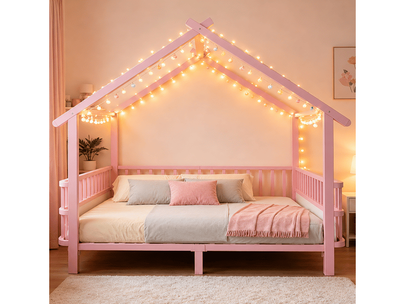  Lit enfant maison 140x200 cm, lit cabane, barrières sécurité, chambre, style contemporain, métal, rose, sans matelas  - Conforama D