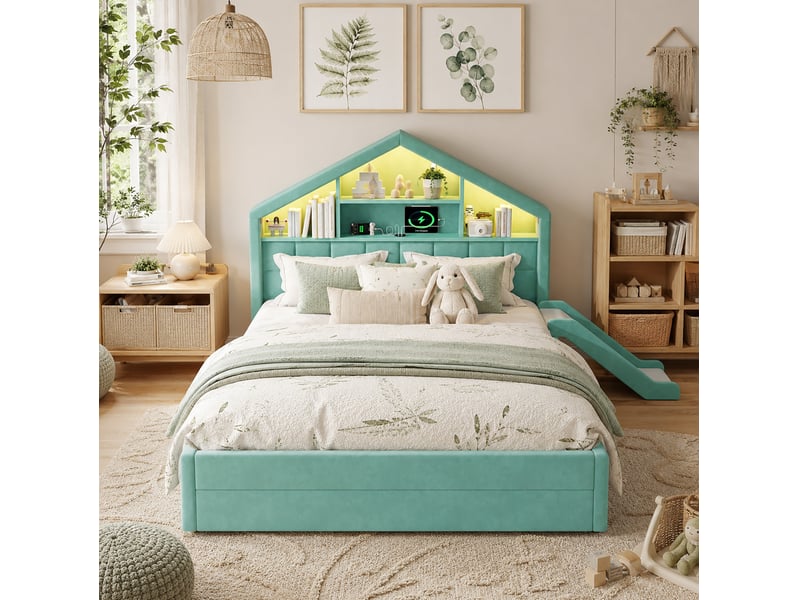 Lit enfant rembourré tcqpz 140 x 200 cm bleu-vert avec toboggan réversible led rangement et port de charge - Conforama E