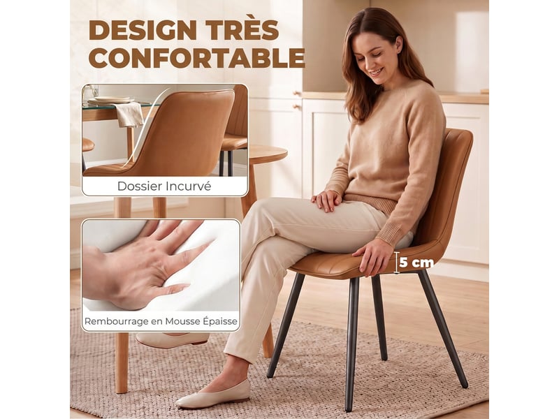  Lot de 2 chaises de salle à manger modernes, dossier et assise incurvés, en revêtement synthétique, 51x61x78cm, marron  - Conforama E