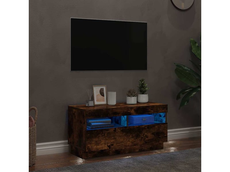  Meuble tv - banc tv - meuble de rangement avec lumières led chêne fumé 80x35x40 cm  - Conforama C
