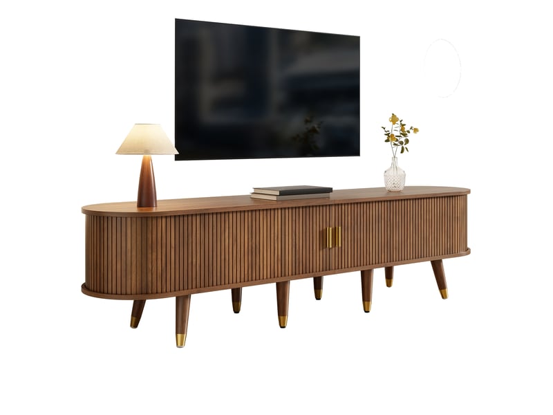  Meuble tv 175 cm avec porte coulissante en rotin, mdf aspect noyer  - Conforama A