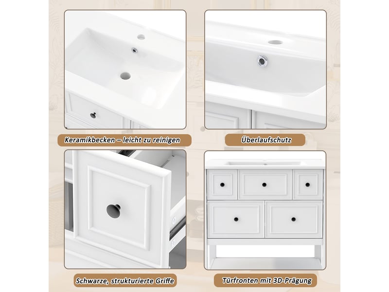  Meuble de salle de bain avec vasque céramique 5 tiroirs blanc 76x46,5x82,3 cm  - Conforama E