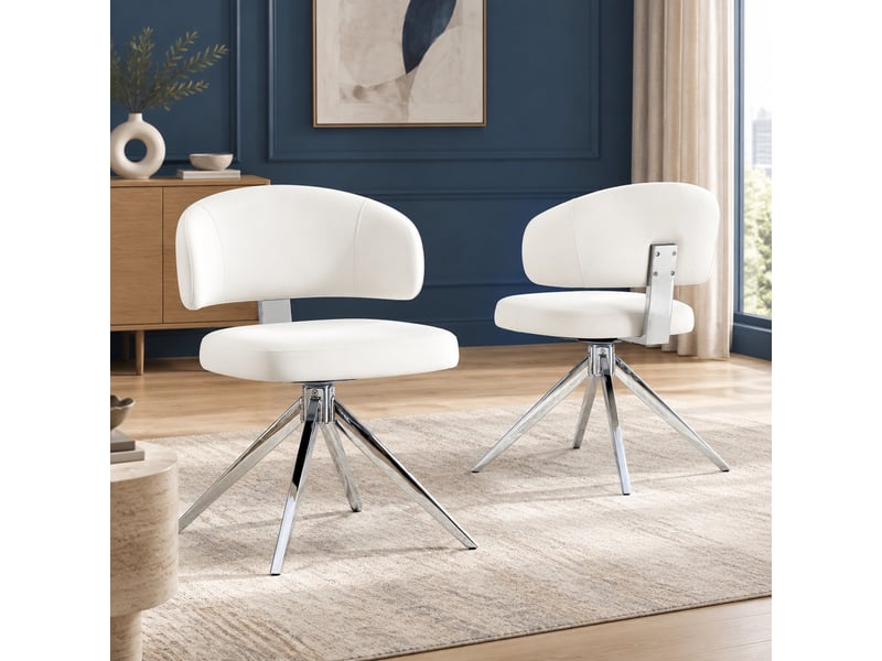  Chaises de salle à manger lot de 2 pivotantes à 360°  - dossier courbé, pieds métal, pu blanc  - Conforama C