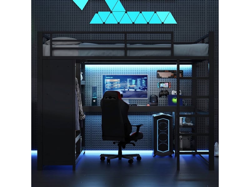 Lit mezzanine gamer 160x200 avec bureau et penderie ouverte, métal noir - Conforama D