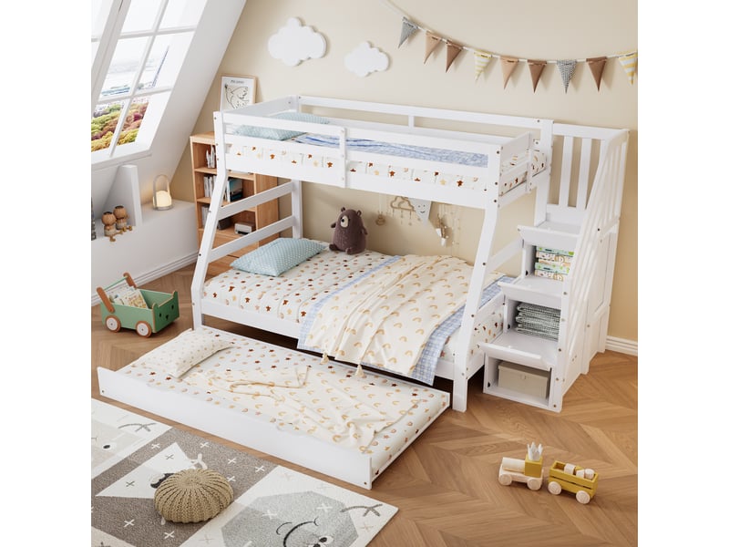 Lits superposés 90x200cm lit gigogne avec escalier et compartiment et barrières - lit en bois - blanc (sans matelas) - Conforama D