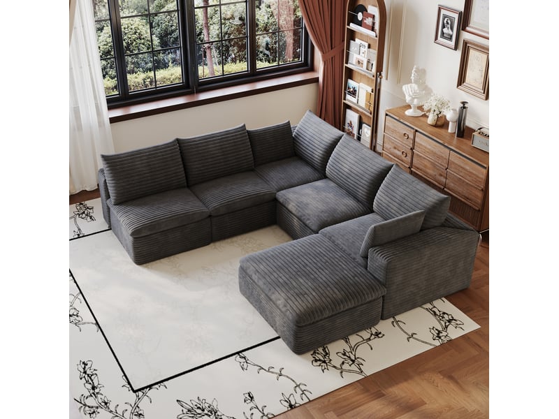  Canapé d'angle modulaire 6 places avec coussins amovibles et soutien en mousse, en velours côtelé gris foncé  - Conforama D
