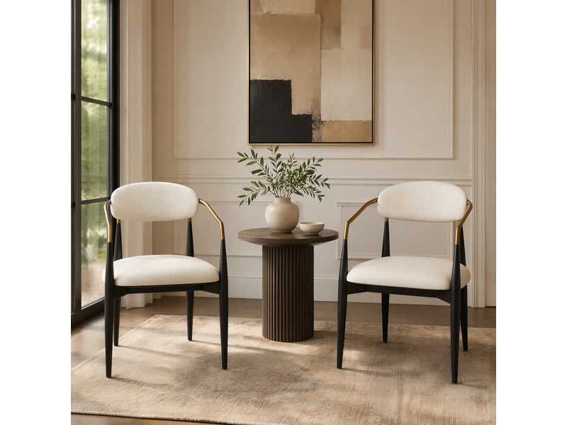  Lot de 2 chaises de salle à manger 59x55x85cm, beige+noir, chaises de cuisine, chaise repas, style contemporain, métal+tissu  - Conforama B