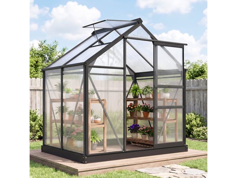  Serre de jardin polycarbonate 190 x 132 x 201 cm résistant aux uv 30+ fondation renforcé gouttière gris  - Conforama C
