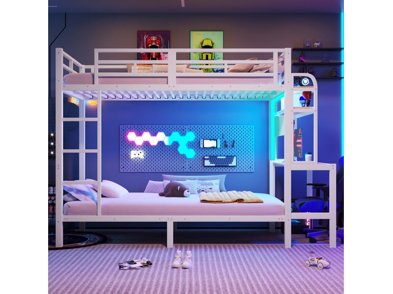  Lit superposé modenvie 90 x 200 cm avec bureau, étagères, led et port usb en métal et mdf noir et blanc  - Conforama E