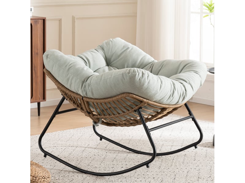  Rocking-chair avec assise rembourrée et effet bascule relaxant pour salon ou chambre, en chenille bleu clair  - Conforama D