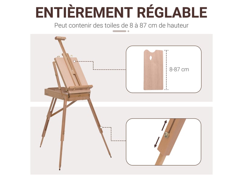  Chevalet d'artiste sur pieds pliable, mallette de peinture, chevalet avec rangement, hauteur réglable, bois de hêtre clair  - Conforama E
