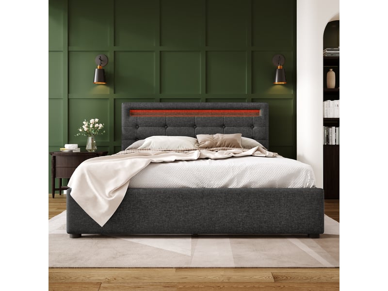  Lit rembourré 140 × 200 cm 2 places avec 4 tiroirs, led réglable, tête de lit ajustable, matelas inclus, gris  - Conforama C