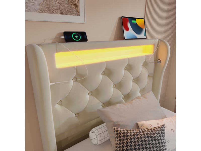  Lit capitonné，90x200 cm，avec led usb c，tête rangement coffre,velours，beige,matelas inclus  - Conforama E