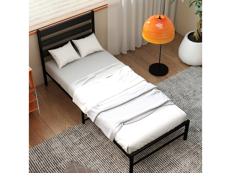  Lit simple 90x200 cm noir design minimaliste, tête de lit mdf, sommier à lattes inclus, stable et polyvalent pour chambre moderne，sans matelas  - Conforama D