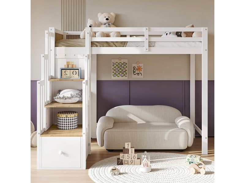 Lit mezzanine enfant 90x200 cm en bois avec bureau intégré, escalier avec rangements, tiroirs et étagère ouverte - blanc et naturel - Conforama D