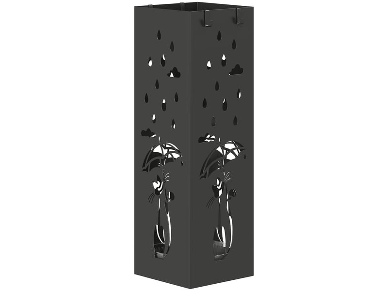  Porte-parapluie carré stylisé en métal avec bac égouttoir amovible et 4 crochets, 15,5 x 15,5 x 49 cm, noir  - Conforama A