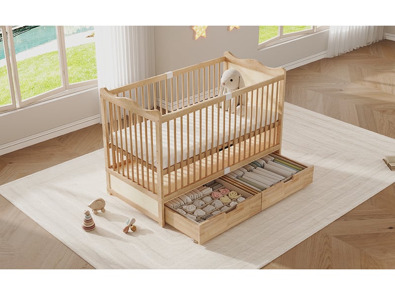  Lit bébé en bois massif de pin 70x140 cm couleur nature 4 hauteurs réglables avec tiroirs à roulettes evarich - Conforama B