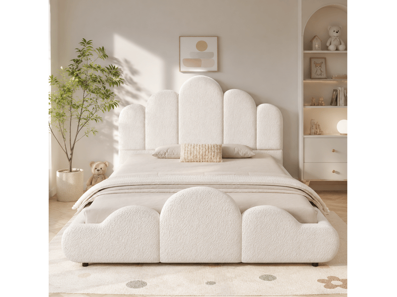 Lit enfant 140 × 200 cm avec tête de lit rembourrée, coins arrondis et structure en bouclé beige pour chambre - Conforama D