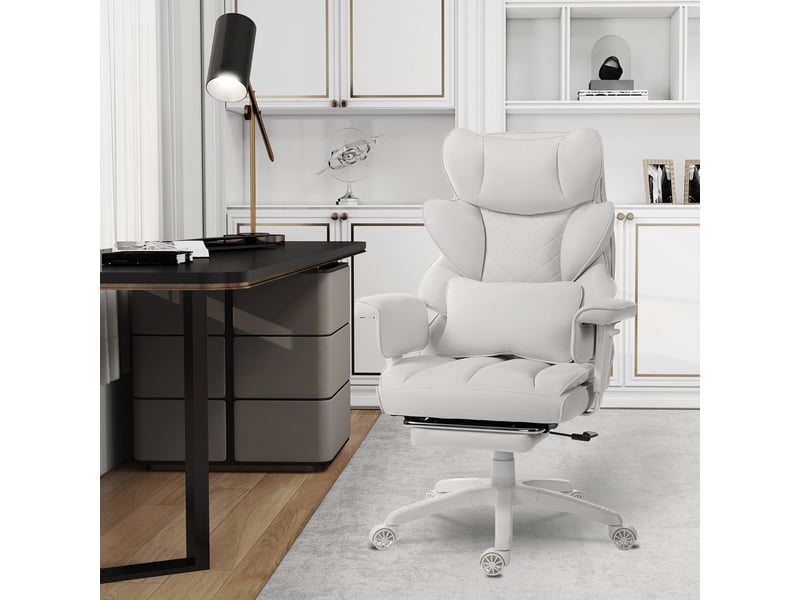  Fauteuil gaming ergonomique – assise à ressorts ensachés – dossier doublement rembourré – coussin lombaire réglable – accoudoirs et repose-pieds – similicuir blanc  - Conforama E