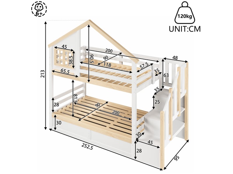  Lit superposé enfant 90x200 cm blanc et naturel avec rangement hydraulique  - Conforama C