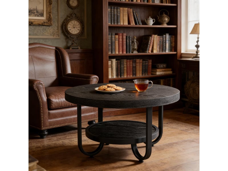  Table basse ronde, 79 cm, 2 niveaux avec rangement, mdf et métal, noir  - Conforama B