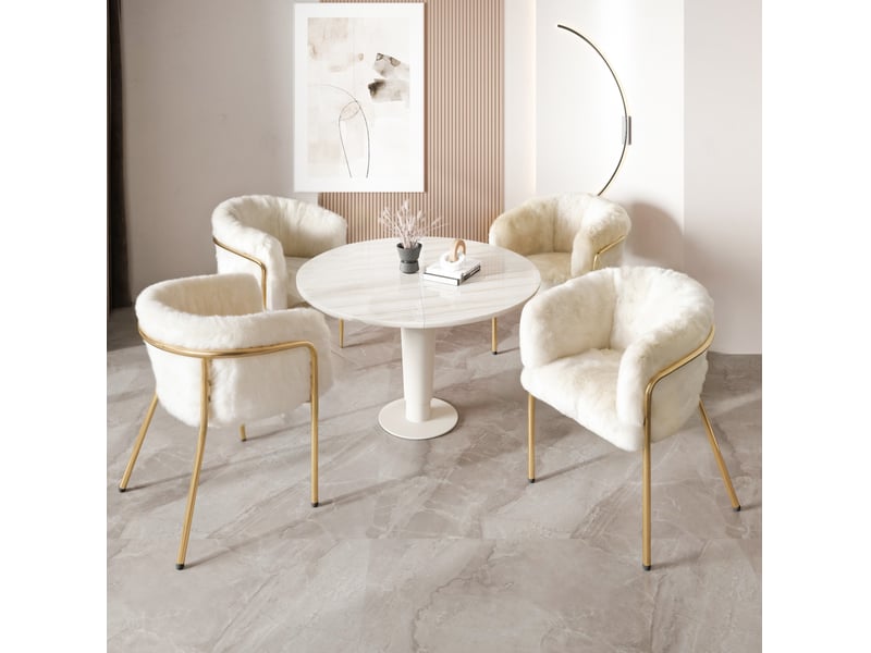  Lot de 4 chaises de salle à manger en fausse fourrure avec pieds métalliques, blanc  - Conforama B
