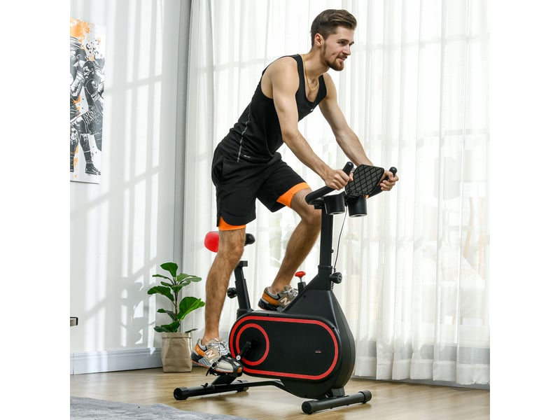  Vélo d'appartement avec volant d'inertie de 4 kg, résistance réglable, écran led, silencieux, selle réglable, rouge et noir  - Conforama C
