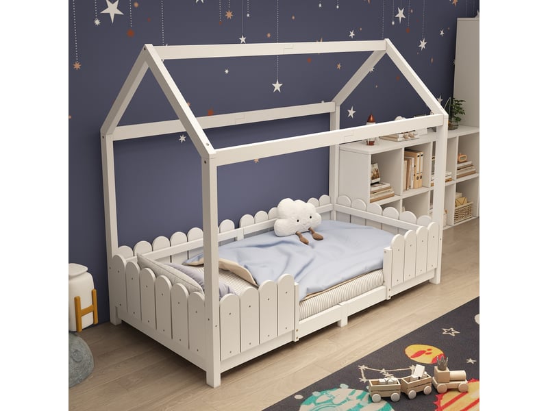  Lit cabane enfant 90x200 cm, garde-corps et sommier, design minimaliste, bois blanc, sans matelas  - Conforama W