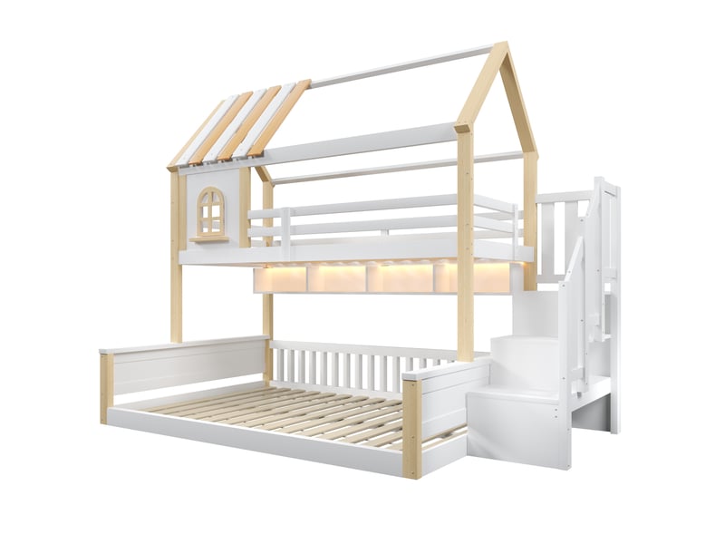  Lit superposé 90 × 200 et 140 × 200 cm, cabane, led, escalier à rangements, étagères, barrières, blanc et bois naturel  - Conforama A