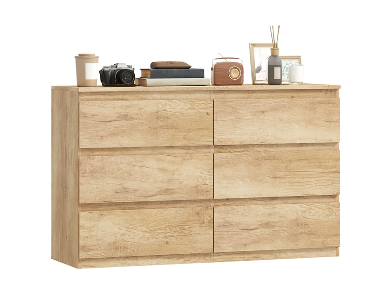  Commode 6 tiroirs meuble de rangement sans poignées design minimaliste 120 x 39 x 75 cm chêne  - Conforama A