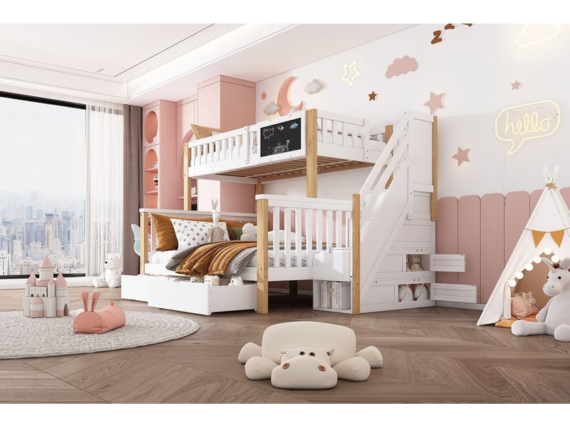  Lit superposé 90x200 et 140x200cm - tableau &amp; escalier rangement - lit superposé enfant - 2 tiroirs, blanc et chêne, pin  - Conforama E
