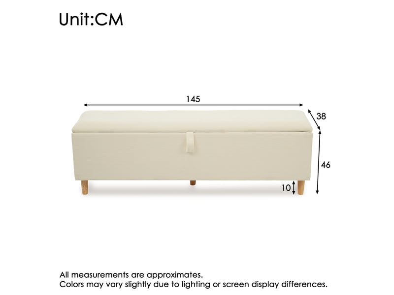  Banquette coffre 145 x 38 cm beige, tissu cord et bois, rangement hydraulique pour chambre, salon ou entrée  - Conforama C
