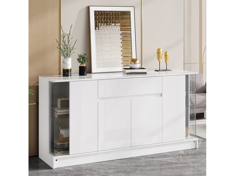  Buffet bas 150x40x75 cm avec vitrines en verre, éclairage led, panneau de particules, coloris blanc haute brillance  - Conforama E
