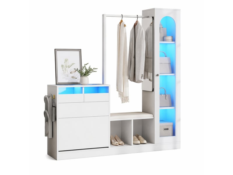 Ensemble d'entrée 163x35x161 cm, led, vitrine, meuble à chaussures et miroir, meuble bureau et salon, aggloméré, blanc  - Conforama A
