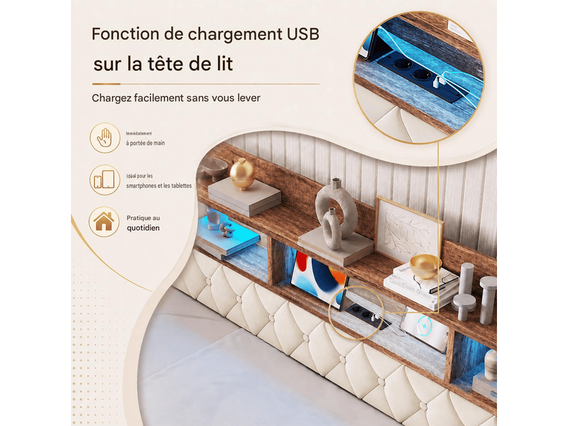  Lit simple rembourré 90x190 avec 2 tiroirs, tête de lit avec rangements, led 16 couleurs, usb et usb-c, sommier, velours beige Morn Vibe - Conforama D