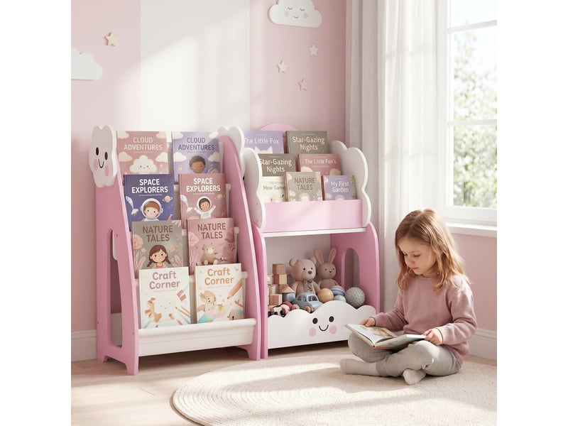 Meuble en bois pour enfant avec porte-revues, bibliothèque à 3 niveaux et table de chevet, 85,5 x 32 x 72 cm, rose et blanc - Conforama C