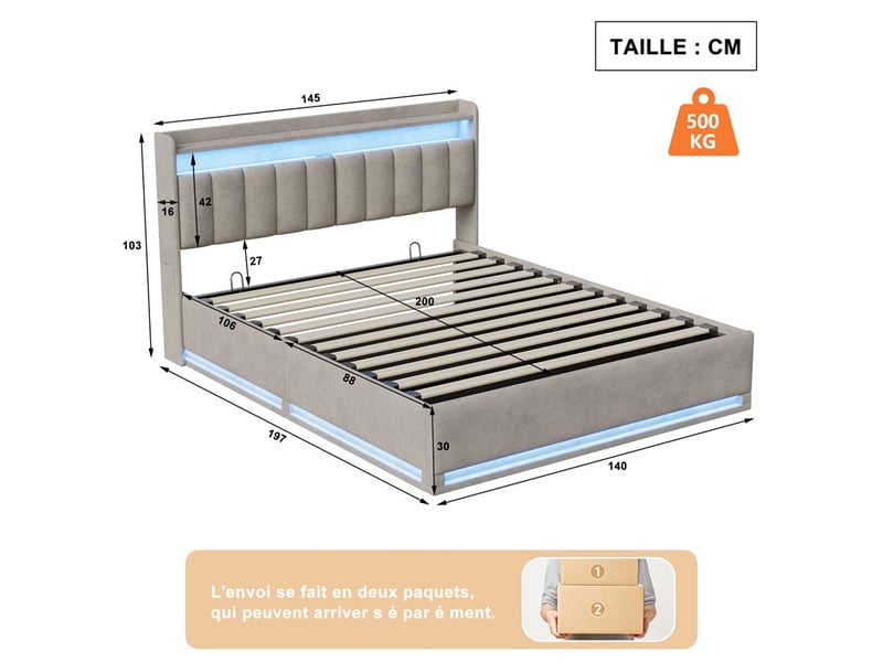  Lit 140x190cm - lit coffre 140x190cm - lit hydraulique avec tête de lit à rangement, led rgb, ports usb et type-c - velours gris  - Conforama E