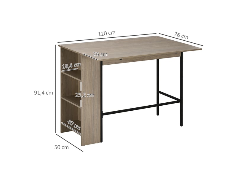  Ilot centra table de bar plateau latéral  rabattable et 3 étagères gris clair 120 x 76 x 91,4 cm  - Conforama C