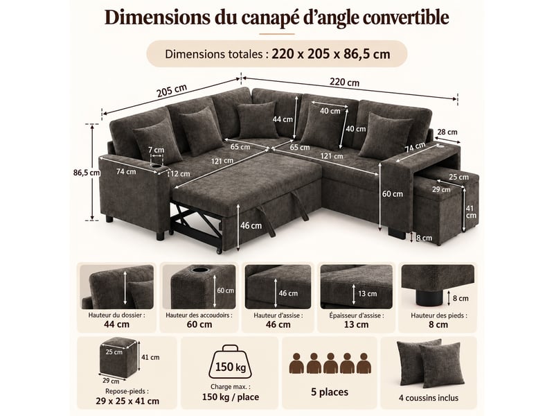  Canapé d'angle réversible convertible 5 places avec coffre, pouf, ports usb-c et porte-gobelets, chenille gris, 220 cm  - Conforama C