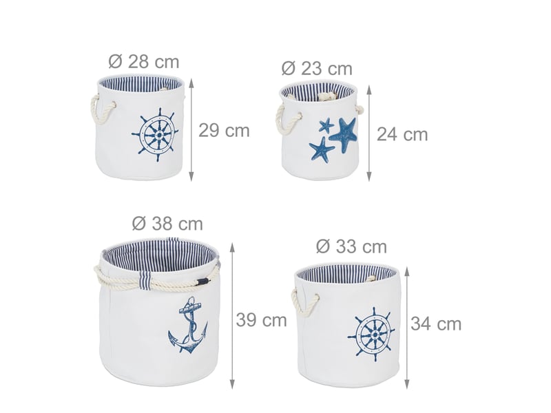  Lot de 4 paniers ronds de rangement confort salle de bains différents motifs marins en tissu bleu et blanc 13_0010234  - Conforama B
