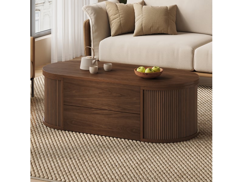 Table basse relevable ovale avec 1 tiroir et rangement caché, en mdf et panneaux de particules, coloris noyer - Conforama E