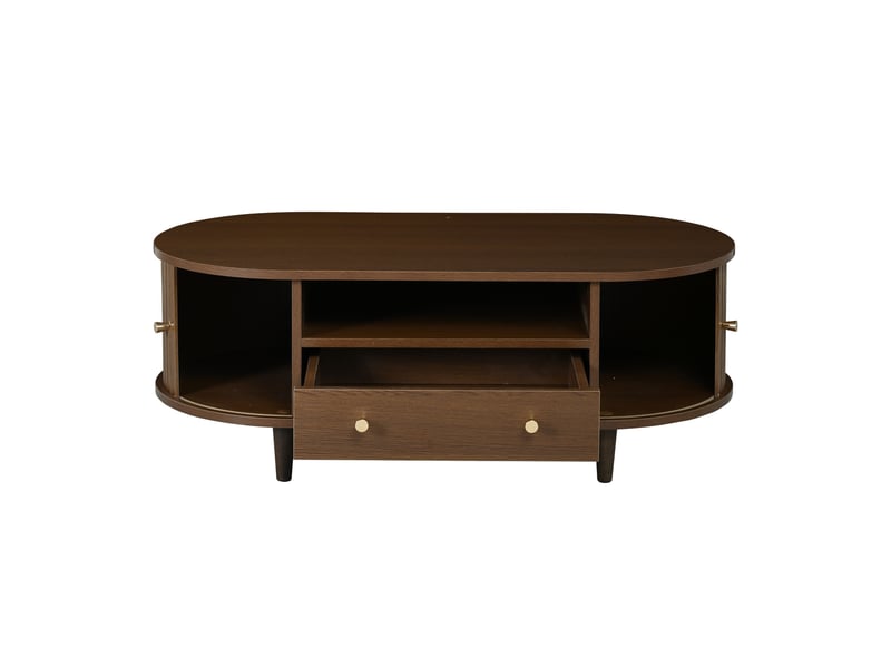  Table basse de salon 100 x 50 x 36 cm, finition noyer. Table basse avec un tiroir et un espace de rangement ouvert, console avec porte enroulable, table d'appoint, table de salon à 4 pieds.  - Conforama E