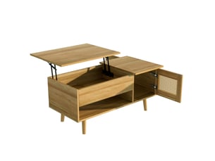 Table basse relevable avec 2 portes en rotin imitation et rangement, en panneau de particules, bois et noir - uvrion