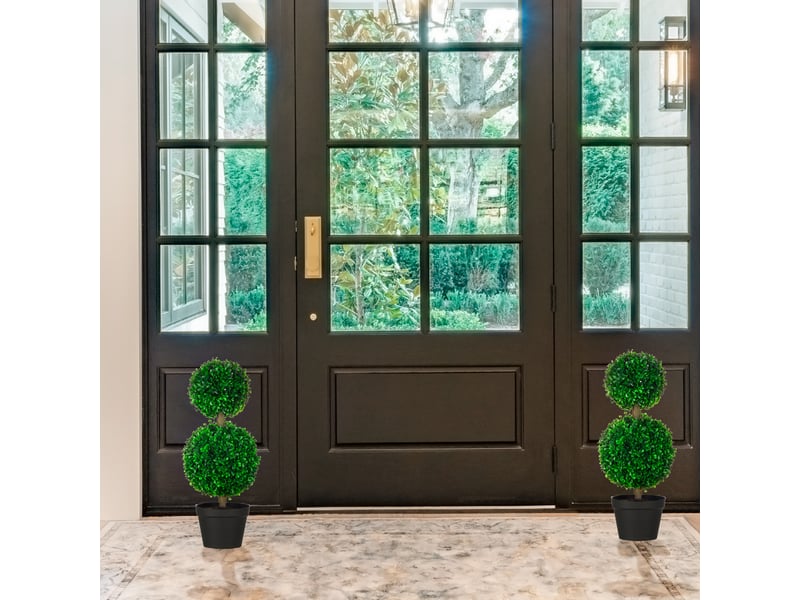  Lot de 2 arbres buis artificiel double boules avec tronc et pot inclus - hauteur 60 cm vert  - Conforama D
