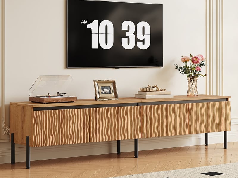  Meuble tv bas 180 cm, finition bois naturel, avec façades en relief  - Conforama B