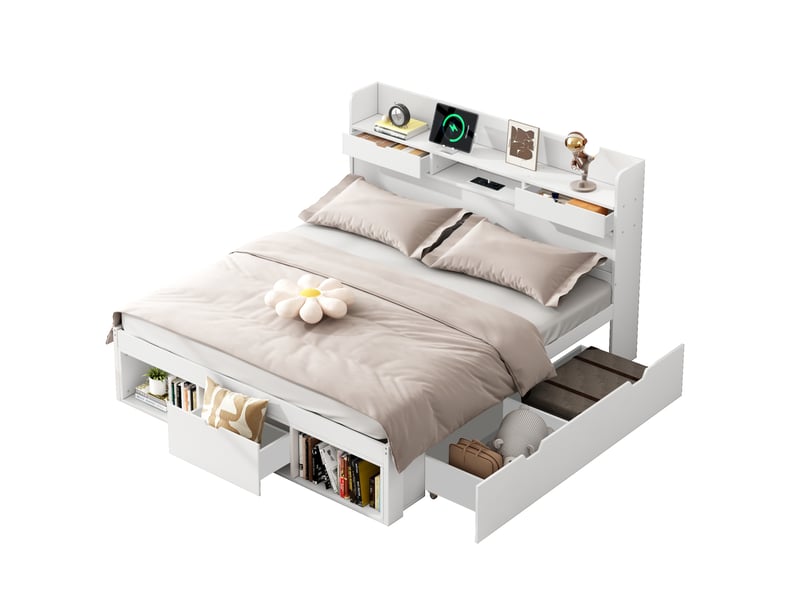  Lit enfant et adolescent 160 x 200 cm blanc avec rangements et ports usbtype-c  - Conforama A